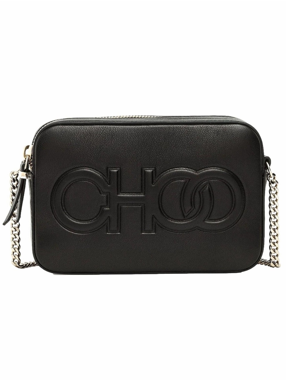 JIMMY CHOO Black Leather Logo Crossbody with Chain Strap